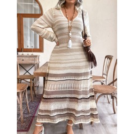 Plus Size - Plus Size - Plus Size - Elegant Plus Size V-Neck Long Sleeve Dress with Color Block Design - Lightweight Breathable Fabric, Ruffled Hem & Layered Skirt