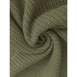 Plus Size, Women's Olive Green V-Neck Collar Sweater Dress with Short Sleeves & Single Button Closure - A-Line Winter Dress for, Office, Semi-Formal Wear - Machine Washable Cozy Outfit