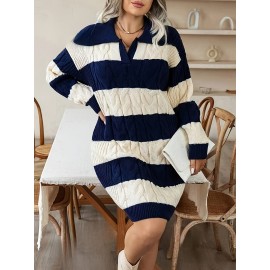 Elegant Plus Size Striped Sweater Dress Polyester Knit Fabric - Lapel Collar Long Sleeve Drop Shoulder Midi Dress with Medium Stretch for All Seasons