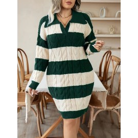 Elegant Plus Size Striped Sweater Dress Polyester Knit Fabric - Lapel Collar Long Sleeve Drop Shoulder Midi Dress with Medium Stretch for All Seasons