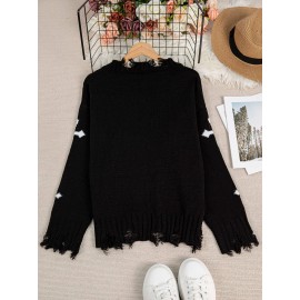 Plus Size Cross Pattern Knit Sweater, Casual Long Sleeve V Neck Raw Hem Top For Fall & Winter, Women's Plus Size Clothing