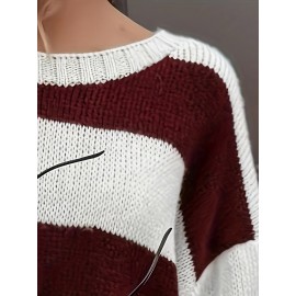 Elegant Color-Block Striped Sweater - Soft 100% Polyester Long Sleeve Pullover with Round Neck, Machine Washable Fall Winter Casual Chic Top