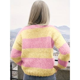 Plus Size - New Striped Color-Blocked Sweater for Autumn And Winter, a Loose-Fitting Plus-Size Rainbow Sweater for Women That Makes You Look Younger.