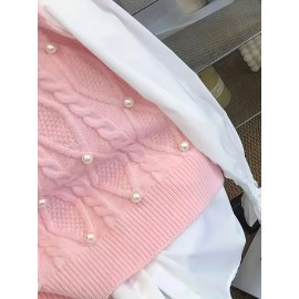 Plus Size, Plus Size Women's Elegant Pearl-Embellished Soft Pink Vest - Round Neck Sleeveless All-Season Versatile Layering Piece for Casual & Formal Outfits, Seasonal Fashion, Sophisticated Weaving