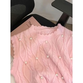 Plus Size, Plus Size Women's Elegant Pearl-Embellished Soft Pink Vest - Round Neck Sleeveless All-Season Versatile Layering Piece for Casual & Formal Outfits, Seasonal Fashion, Sophisticated Weaving