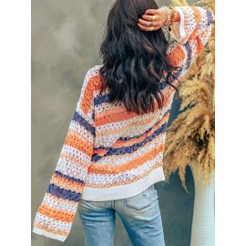 [Bohemian Knit Top] Vintage Bohemian Style Color Block Knit Top - Hollow-Out Design, Long Sleeve, Round Neck Pullover for Women