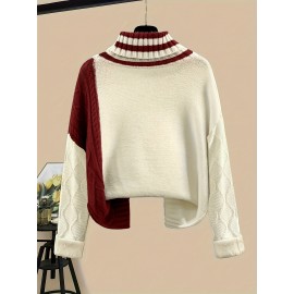 Plus Size, Women's Two-Piece Set, Fashionable and Elegant Long Sleeve Pullover with Skirt in Color Block Design for Autumn/ Winter