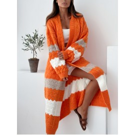 Women'S Elegant Striped Cardigan - Fashionable Off-the-Shoulder Long Sleeve, Deep V-Neck, Large Size, Spring/Fall, Pocket, Casual Wear|Vneck Cardigan|Stretchy Fabric