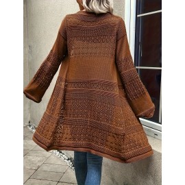 Plus Size, Plus-size fashionable solid openwork cardigan, casual long-sleeve crochet cardigan
