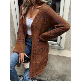 Plus Size, Plus-size fashionable solid openwork cardigan, casual long-sleeve crochet cardigan