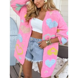 Plus Size - Women'S Pink Heart Pattern Cardigan - V-Neck, Long Sleeve, Mid-Length Open Front Sweater for Fall/Winter, Casual Style with White Top and Jeans, Cardigan Sweater