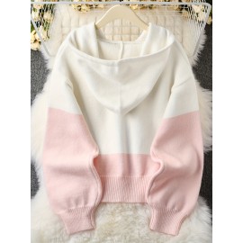 Plus Size - Women'S Korean Style Pink Patchwork Hooded Sweater - Casual Long Sleeve Cardigan with Button Front, Loose Fit for Fall/Winter, Lightweight & Cozy, Buttoned Cardigan