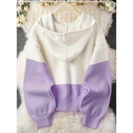 Plus Size - Women'S Korean Style Pink Patchwork Hooded Sweater - Casual Long Sleeve Cardigan with Button Front, Loose Fit for Fall/Winter, Lightweight & Cozy, Buttoned Cardigan