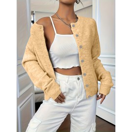 Plus Size - Plus Size - Women'S Elegant Solid Color Long Sleeve Cardigan - Soft Stretchy Button-Front Open Front Sweater, Round Neck Fall/Winter Coat for Casual & Formal Outfits, Cardigan Sweater, Winter Clothing, Stylish Knitwear, Office Wear
