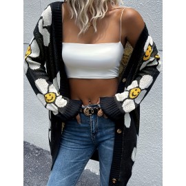 [Floral Cardigan] Plus Size - Plus Size - Women's Elegant Floral Cardigan - Long Sleeve Open Front Sweater with Button Closure, Chic Layering Piece for Fall/Winter, Office, Party, Everyday Outfits - Women's Fashion Sweater, Sweater Cardigan, Party Attire