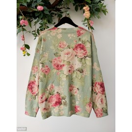 Plus Size, Autumn-Winter V-Neck Loose Fit Off-Shoulder Color Block Gradient Floral Print Button-Up Long Sleeve Women's Cardigan, Casual Elegant Commuter Sweater, Versatile Layering Outerwear