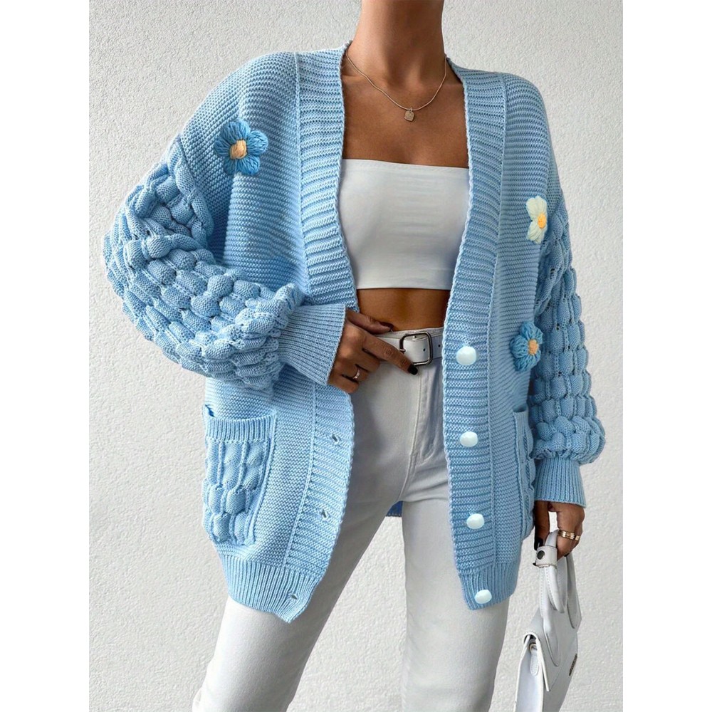 [Fresh Cardigan] Plus Size Women's Loose Cardigan | Sweet and Fresh Style, Floral Decoration, Versatile Fashion Piece for Spring, Autumn, and Winter