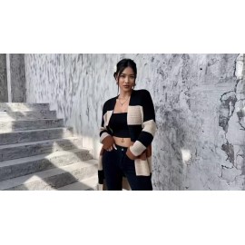 [Elegant Cardigan] Soft Elegant Women's Color Block Cardigan | Long Sleeve Mid-Length Sweater with Pockets, Relaxed Fit for Fall Winter, Casual & Formal Outfits