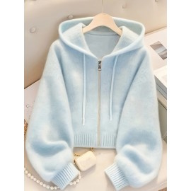 Plus Size - Plus Size - Women'S Light Yellow Hooded Cardigan - Casual Zip-Up Sweater with Ribbed Cuffs, Long Sleeves, and Front Pockets, Perfect for Fall/Winter Layering, Cozy Fall Apparel | Hooded Sweater | Construction, Sweater Cardigan