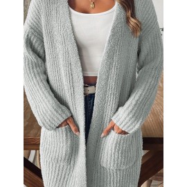 Plus Size - Plus Size Women'S Elegant Vintage Cardigan - Cozy V-Neck with Pockets, Light Gray, Long Sleeve, Fall/Winter Warmth, Casual Chic Style, Autumn Winter Apparel | Vintage Style Cardigan | Construction, Cardigan Sweater