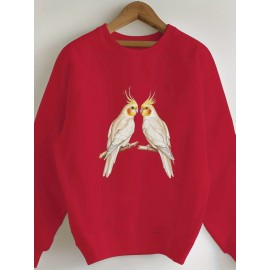 Branch Two Elegant Cockatiels Women's Casual Sweatshirt - Black Geometric Bird & Branch Design, 100% Polyester, Machine Washable, Regular Fit Round Neck for Autumn/Winter, Everyday Comfort, Natureinspired Design, Easy Care Clothing