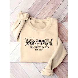 Women'S Cozy Mickey Mouse & Friends Graphic Sweatshirt - Black Crew Neck Pullover with Applique Design, Casual Fall/Winter Wear, Casual Winter Wear | Playful Design | Soft Texture, Mickey Mouse Sweatshirt