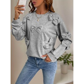 Women'S Casual Pullover Long Sleeve Sweatshirt with Decorative Bows - Soft Gray Loose Fit Crew Neck Top for Spring & Fall, Perfect for Casual Attire, Relaxed Fit Top | Bow Embellished Top | Comfortable Fit
