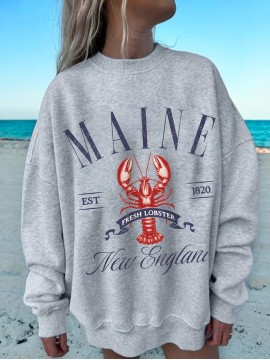 Women's Maine Lobster Graphic Print Long Sleeve Crew Neck Sweatshirt - Heather Gray Fall Winter Casual Pullover, Machine Washable Cozy Clothing