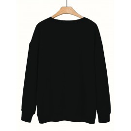 Women's Red joyful Face & Smile Letter Print Sweatshirt - Soft Machine-Washable Polyester Crew Neck Long Sleeve Casual Pullover for Fall Winter, Cozy Everyday Lounge Wear, Comfortable Fit