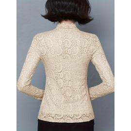 Set of 2, Solid Color Lace Tops, Featuring a Mock Neck And Elegant Long Sleeves, Perfect As a Base Layer for Spring And Autumn, Women'S T-Shirt.