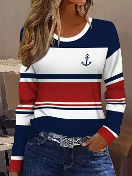Women's Autumn/ Winter New Arrival Casual Striped Pattern Fleece Fabric Round Neck Long Sleeved T-Shirt Top
