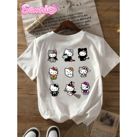 Sanrio Hello Kitty Women's Halloween Graphic T-Shirt - Front & Back Print with 12 Spooky Cute Designs, Applique Details, Casual Round Neck Tee, Machine Washable, Fashion Brand Collaboration Top