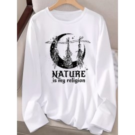 Women's Casual Long Sleeve Crew Neck Graphic T-Shirt - Sun Moon Stars Print with 