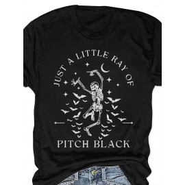 [Gothic T-Shirt] Lightweight Gothic-Inspired Skeleton & Bat Print T-Shirt | Casual Crew Neck, Short Sleeve, Spring & Summer, Casual Wear, Gothic Style