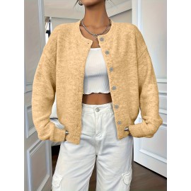 Plus Size - Plus Size - Women'S Elegant Solid Color Long Sleeve Cardigan - Soft Stretchy Button-Front Open Front Sweater, Round Neck Fall/Winter Coat for Casual & Formal Outfits, Cardigan Sweater, Winter Clothing, Stylish Knitwear, Office Wear