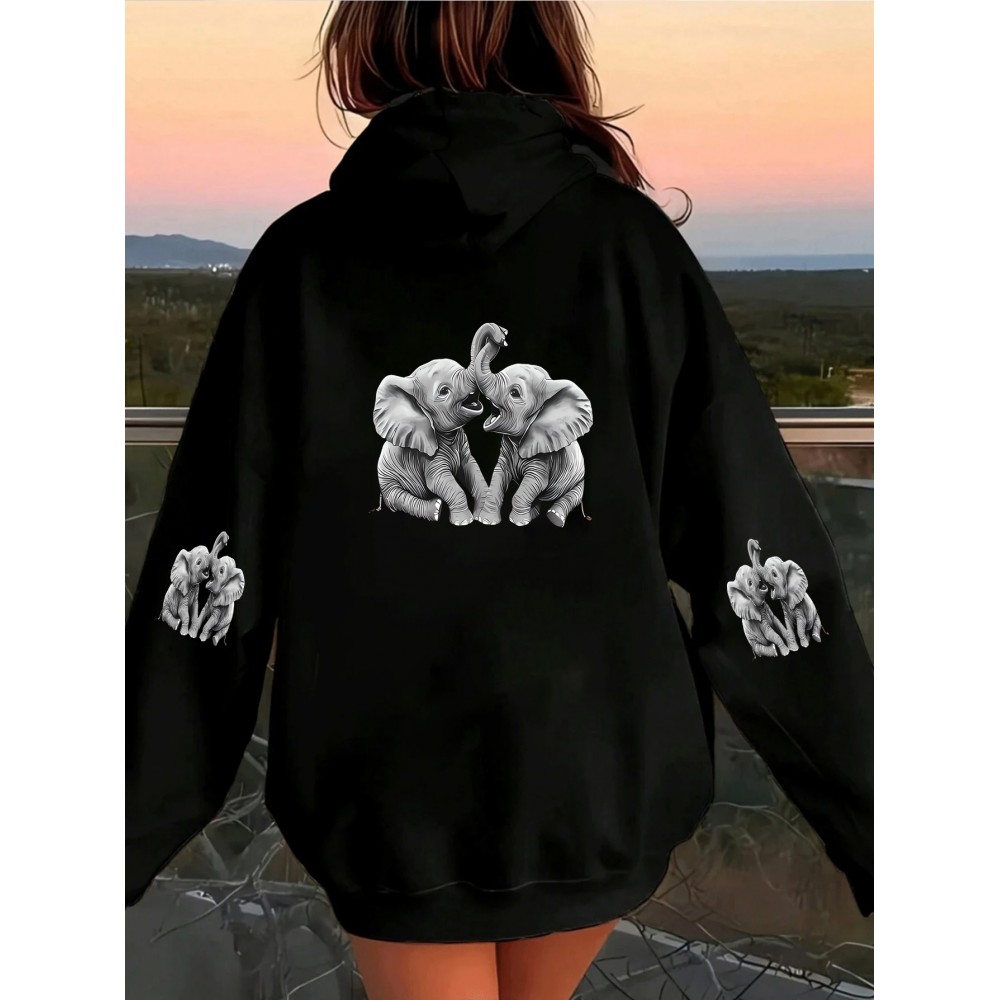 Women'S Cozy Fleece-Lined Zip-Up Hoodie with Elephant Print - Casual Black Pullover with Front Pocket, Long Sleeves, and Ribbed Cuffs, Perfect for Fall & Winter, Autumn Winter Apparel | Playful Print Hoodie | Texture
