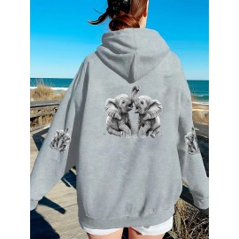 Women'S Cozy Fleece-Lined Zip-Up Hoodie with Elephant Print - Casual Black Pullover with Front Pocket, Long Sleeves, and Ribbed Cuffs, Perfect for Fall & Winter, Autumn Winter Apparel | Playful Print Hoodie | Texture