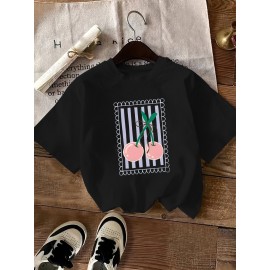 Women's Black Cherry Print Short Sleeve T-Shirt - Geometric Pattern with Pink Cherries & Green Leaves, 180gsm Polyester, Round Neck, All-Season Casual Top, Machine Washable, Cherry Tshirt, Playful Design, Texture