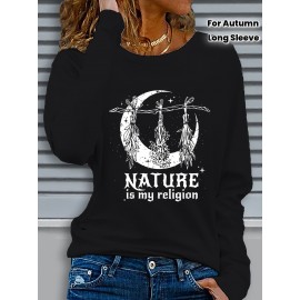 Women's Casual Long Sleeve Crew Neck Graphic T-Shirt - Sun Moon Stars Print with 