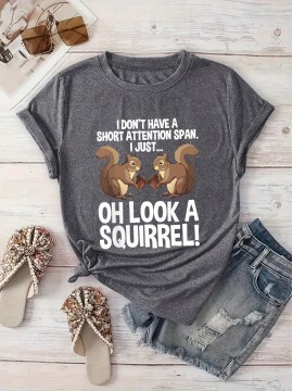 [Playful Squirrel Graphic Tee] Playful Print Top | Women's Casual 